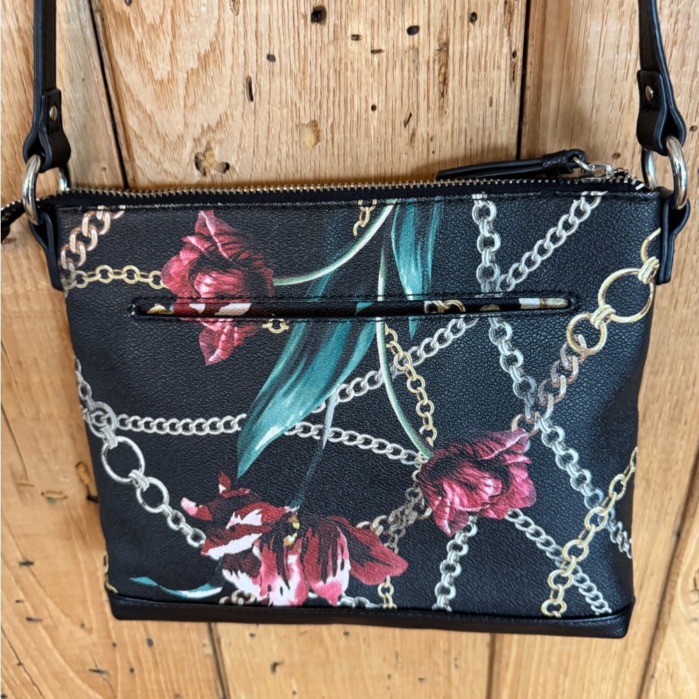 Dana Buchman Black & Red Floral Crossbody Handbag with Chain Strap - Picture 12 of 14